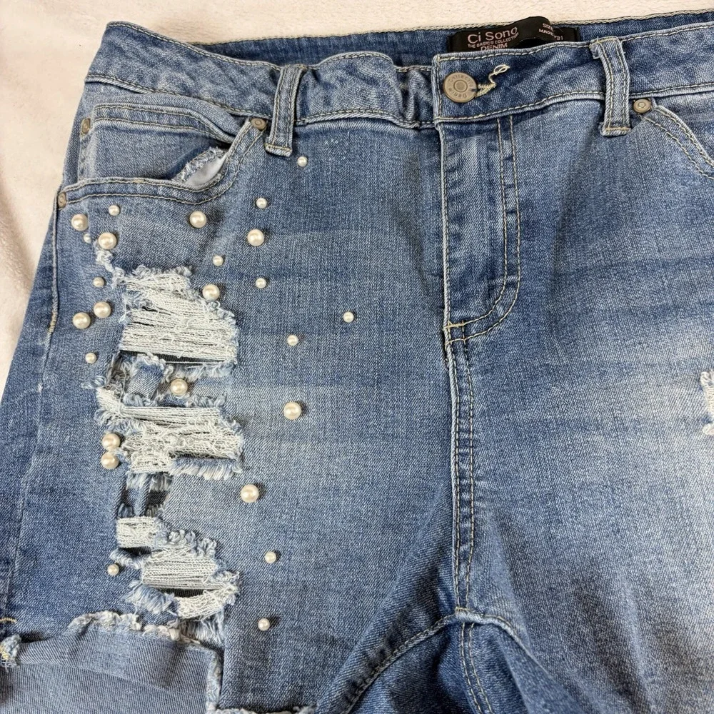 Ci‎ Song Denim Shorts Distressed Pearl embellished 13/31 Y2K style Festival Raw